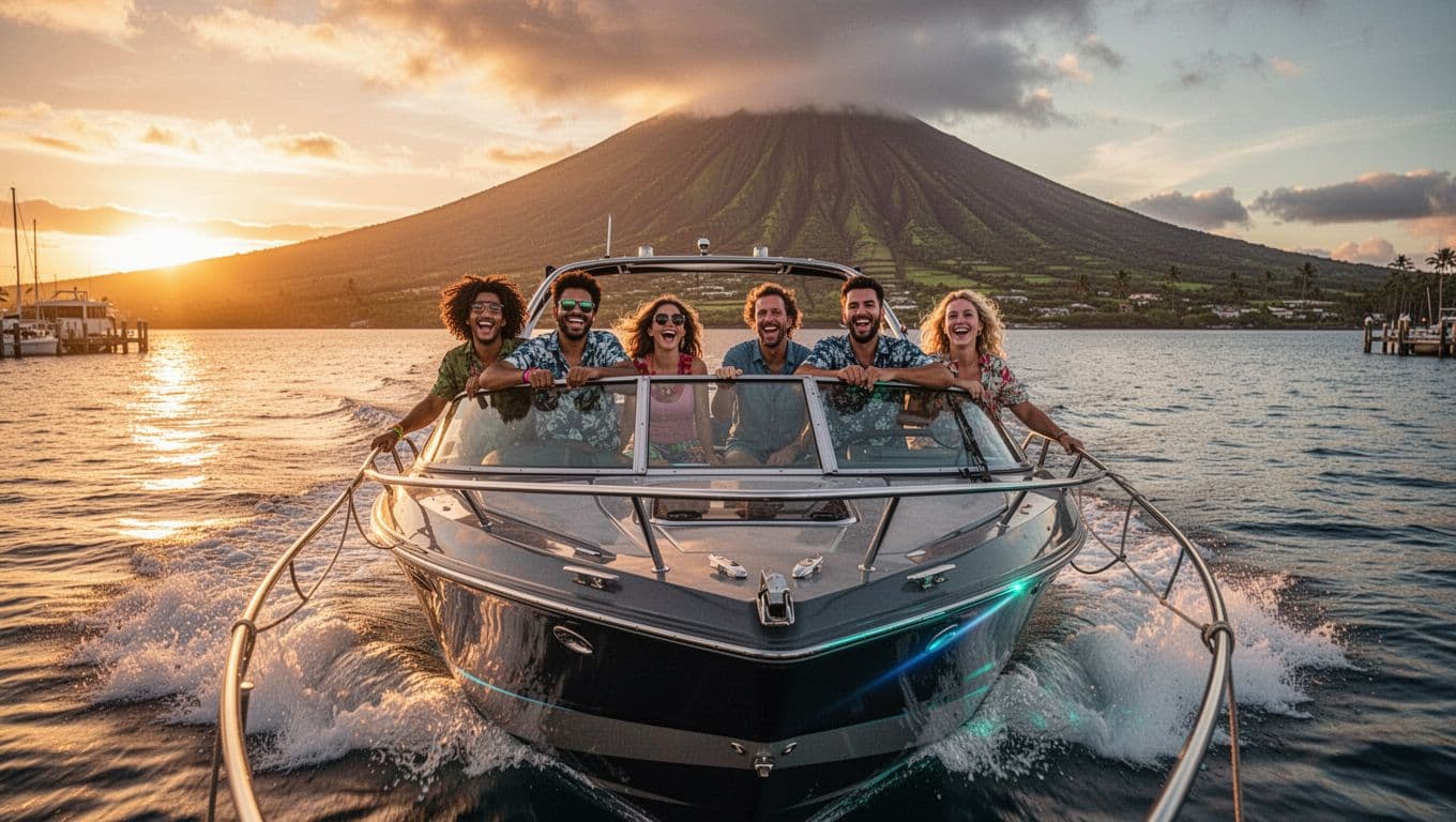 A group of six excited people on a speedboat departing Honokohau Harbor in Kona, Hawaii, at sunset for a manta ray night snorkel tour, with calm ocean waves and volcanic coastline in the background, captured in cinematic style with dramatic lighting.