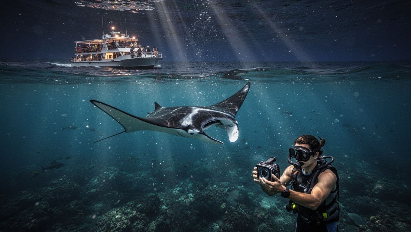 A snorkeler films a manta ray in the deep blue nighttime ocean.