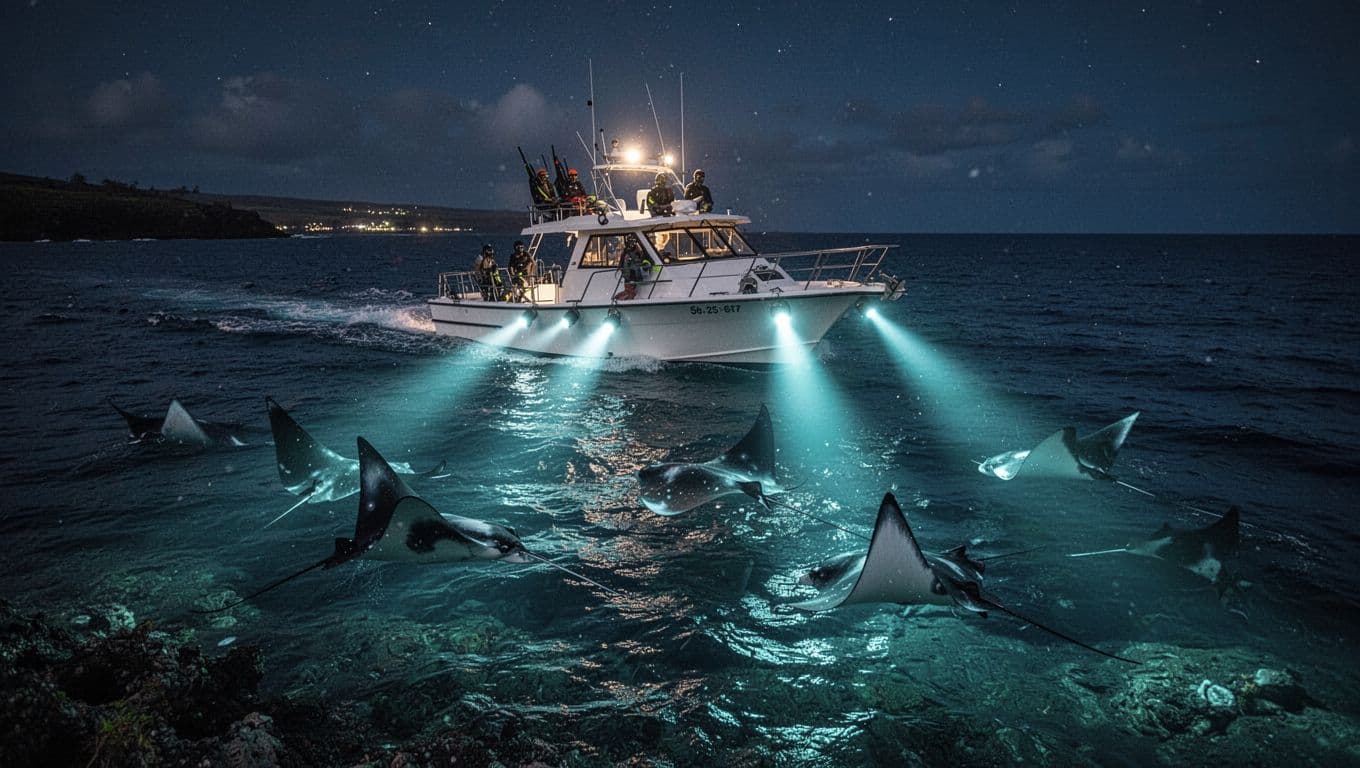 Bright underwater lights from a boat illuminate the deep blue ocean, revealing graceful manta rays gliding through the water. Sparkling cyan reflections highlight the silhouettes of swimmers near the surface.