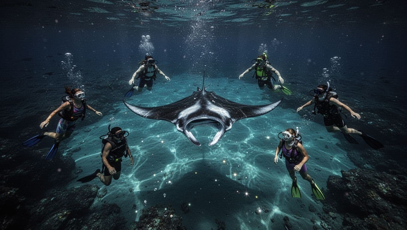 Four snorkelers watch a manta ray beneath glowing blue water at night.
