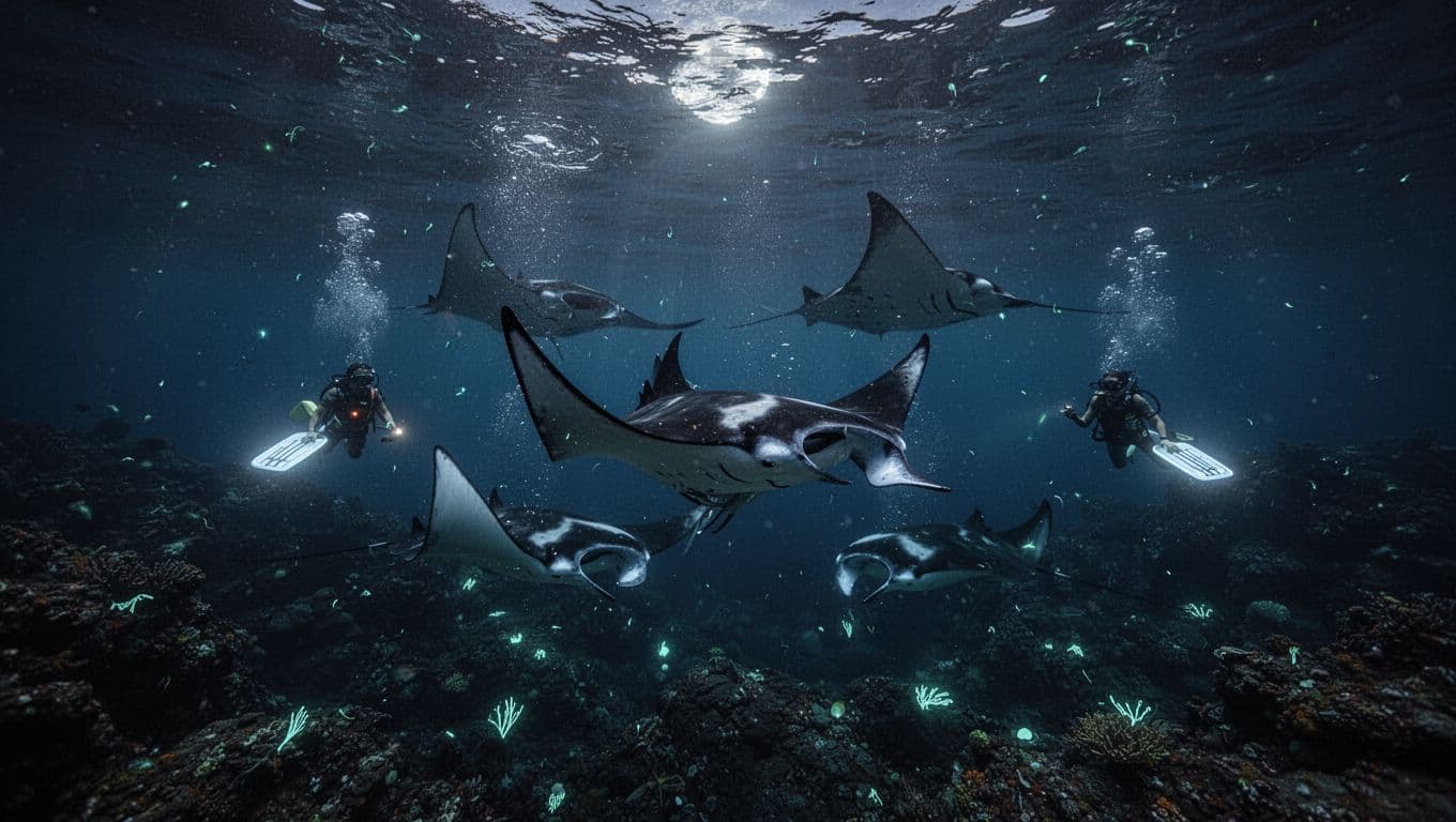 Giant reef manta rays glide through dark ocean waters illuminated by plankton bioluminescence on Kona's volcanic reef at night, with rays somersaulting near the surface and two distant snorkelers holding illuminated boards.