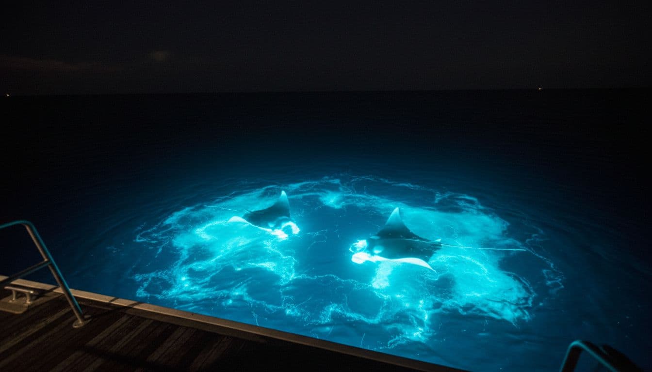 Two giant manta rays glide and somersault below dark ocean surface, lit by underwater lights from snorkel boat deck.