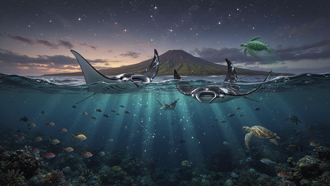 Two manta rays swim above a dark ocean with small fish and a distant sea turtle.