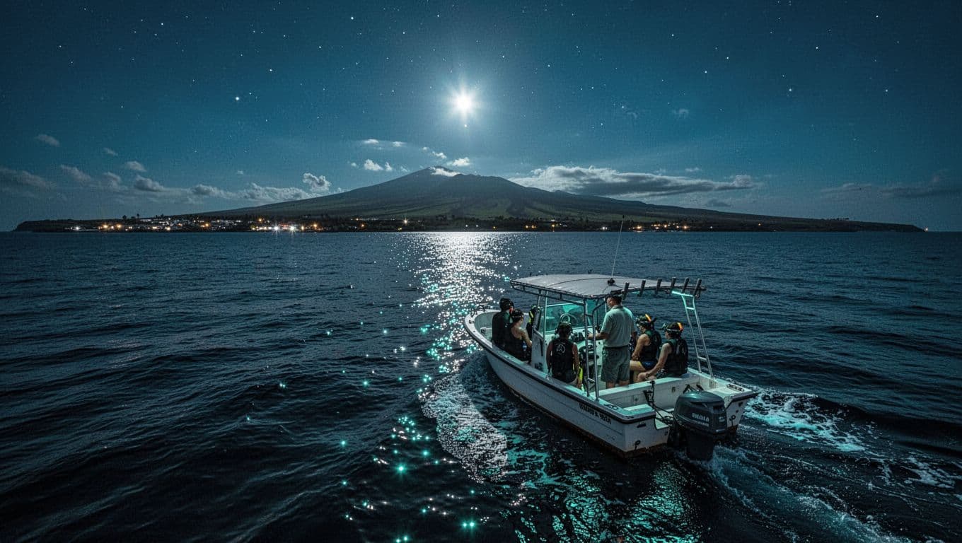 A small boat returns across calm moonlit water near Kona.