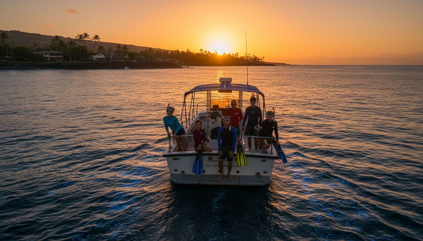 Small boat leaves Honokohau Harbor at sunset with six snorkelers on deck amid calm waves and volcanic coast.
