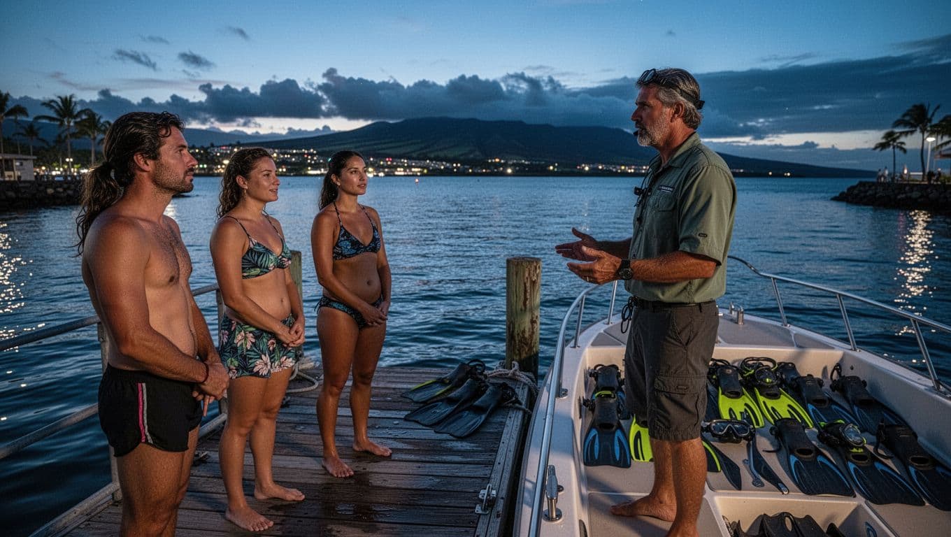 An ocean guide briefs four guests beside a boat at a calm twilight harbor.