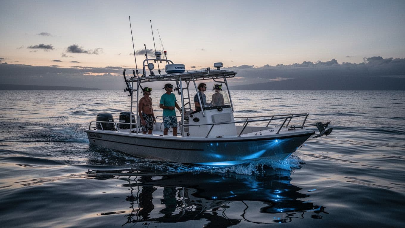 A small snorkel tour boat sails smoothly over glassy ocean waters at dusk near the Kona, Hawaii coastline, with three relaxed passengers on the open deck gazing at the horizon under dramatic cinematic lighting.