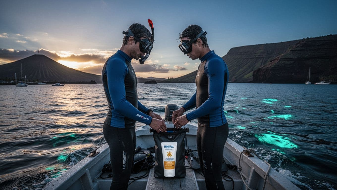 A snorkeler prepares on a boat at sunset with gear on the deck.