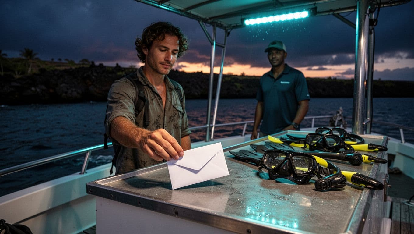 An envelope and snorkeling gear sit on a boat counter near two people at dusk.