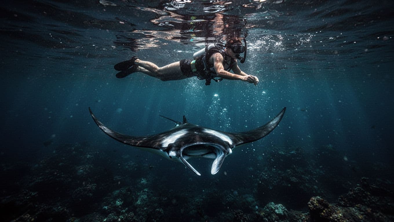A manta ray swims below a still-legged snorkeler in dark, softly lit ocean water.