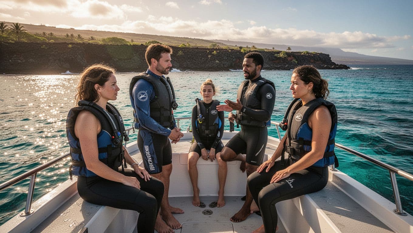 A guide briefs a couple wearing flotation gear on a calm Kona boat.