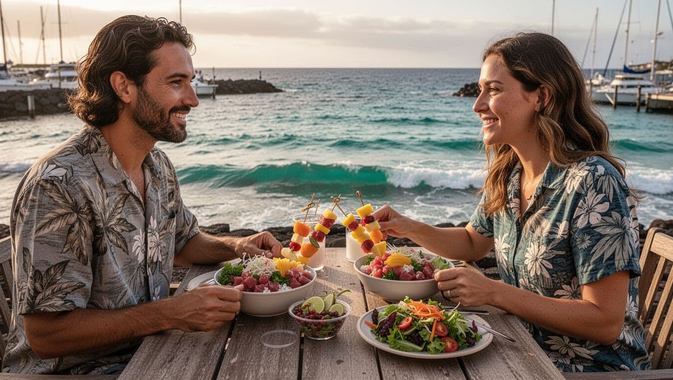 Relaxed couple at outdoor table near Kona marina eats poke bowl, fruit skewers, and poke salad with ocean view.