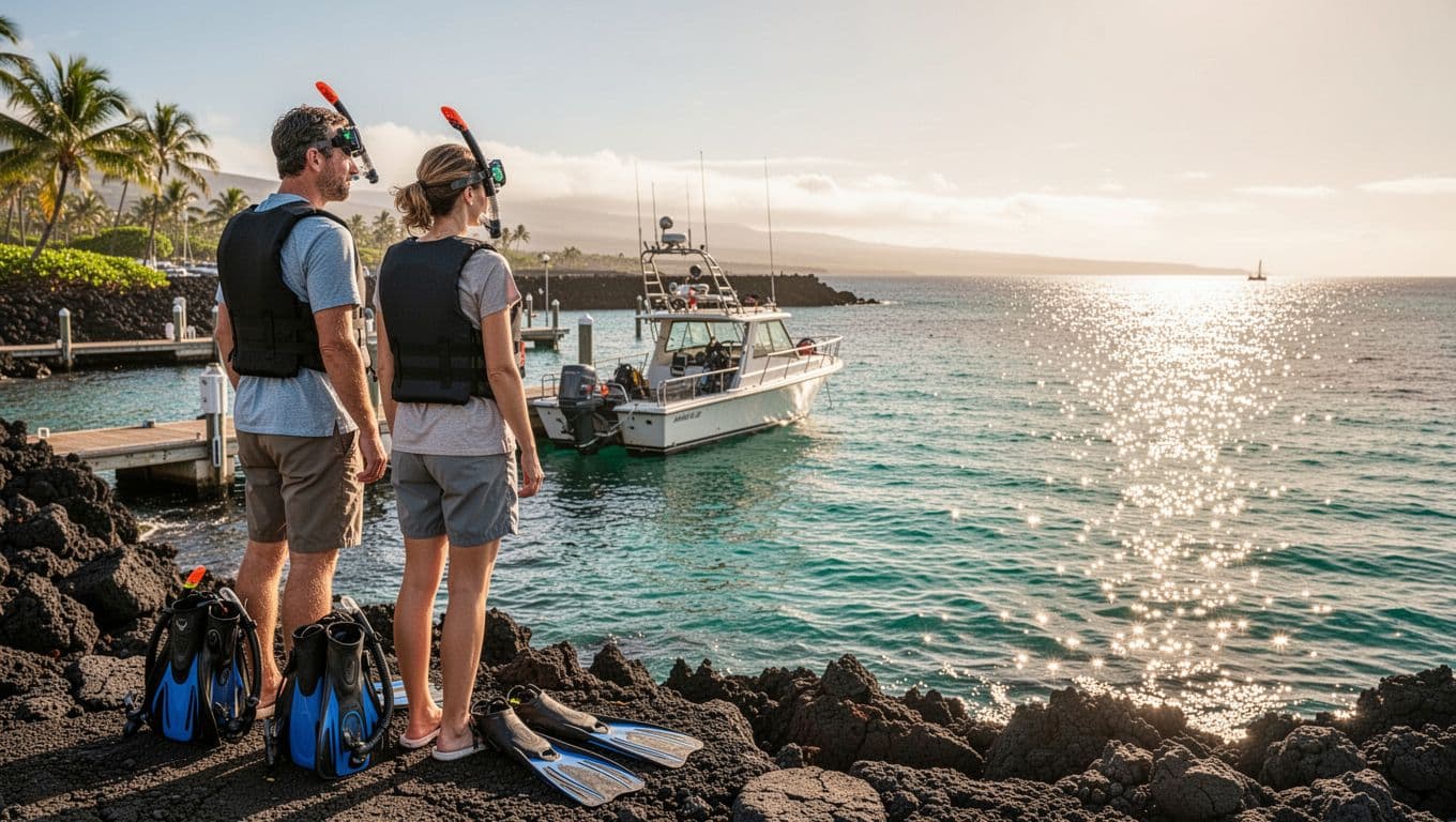 Two adults with snorkeling gear watch a boat at a Hawaii marina.