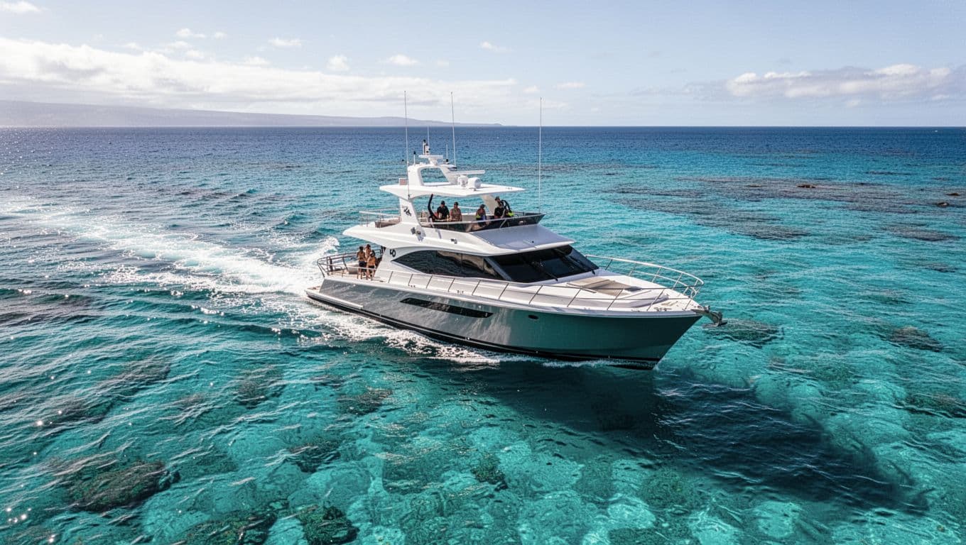 A snorkel boat cruising on calm turquoise water near Kona in morning sunlight.