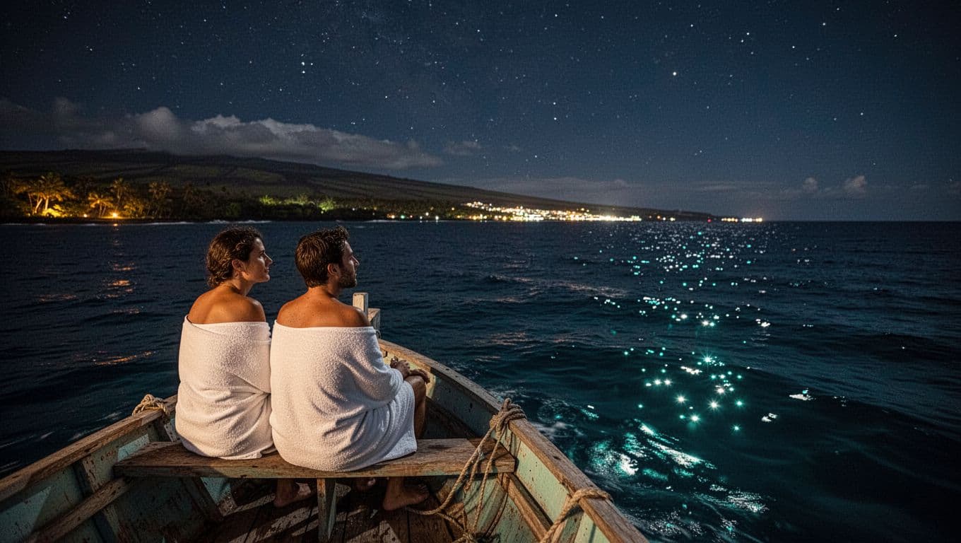 Two travelers wrapped in towels sit on a boat at night, facing the softly lit Kona coast.