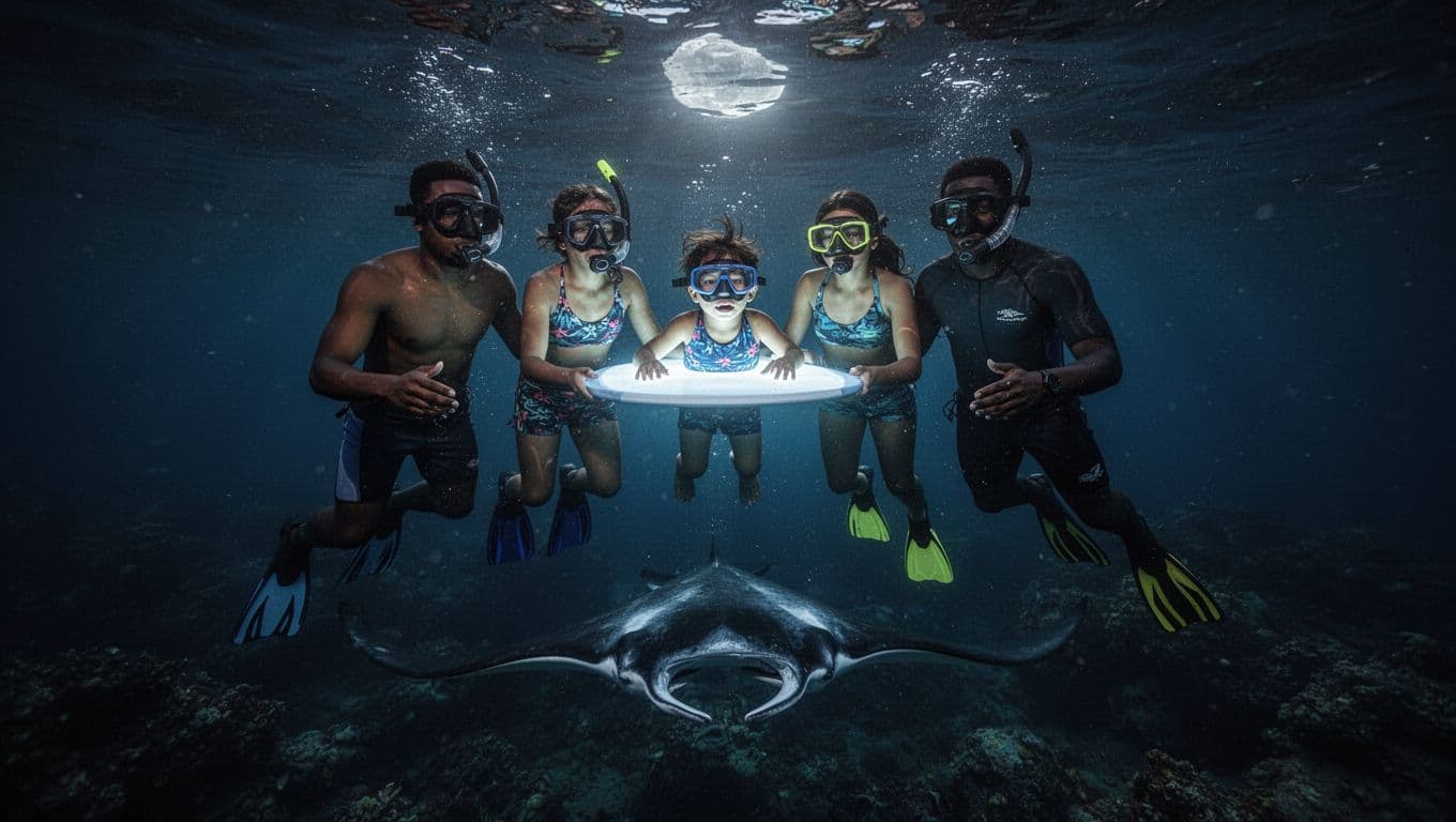 Diverse family of four holds lighted board while snorkeling relaxed at night in Kona ocean, manta ray below, one child without fins.