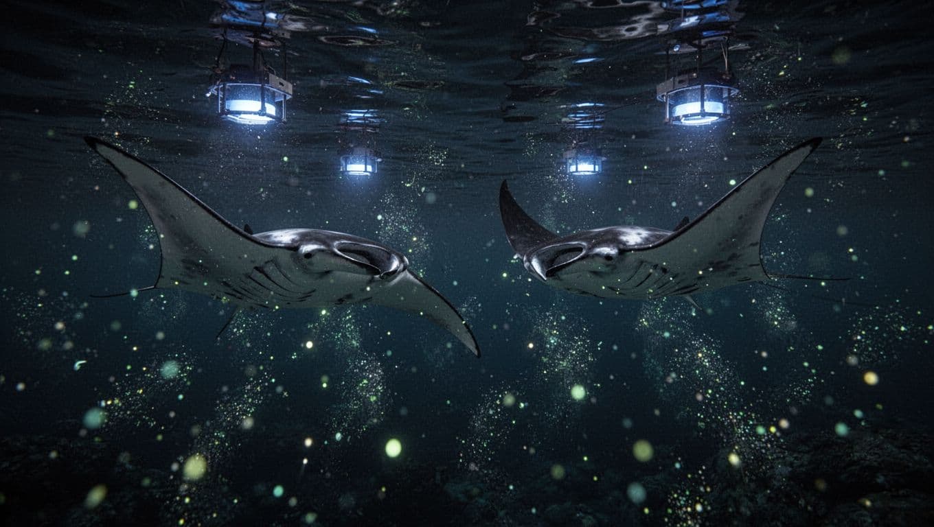 Giant manta rays glide gracefully underwater at night near the ocean surface in Kona, illuminated by soft blue lights from floating boards and surrounded by glowing plankton in a calm dark ocean.