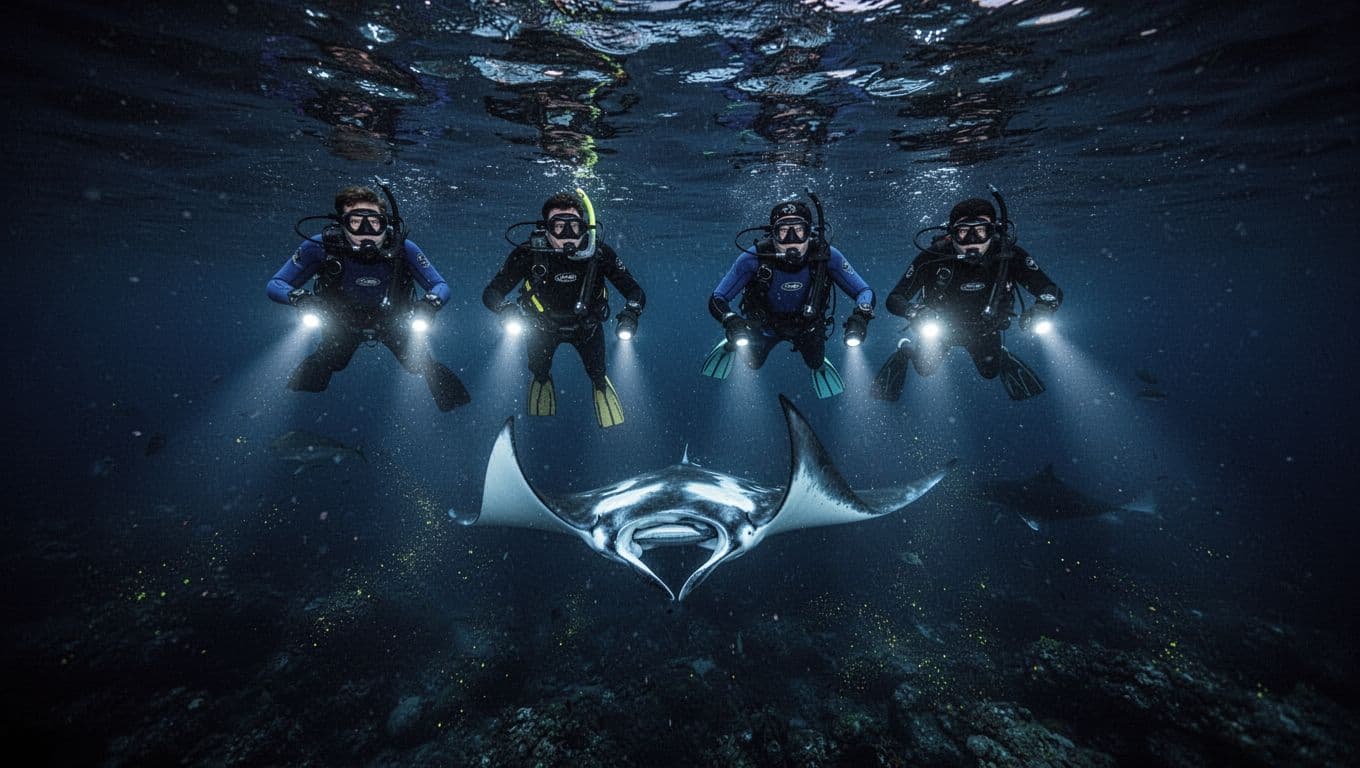 Giant manta rays glide and somersault gracefully near the ocean surface at night in Kona Bay, illuminated by bright blue dive lights held by four snorkelers, with plankton glow in dark waters.