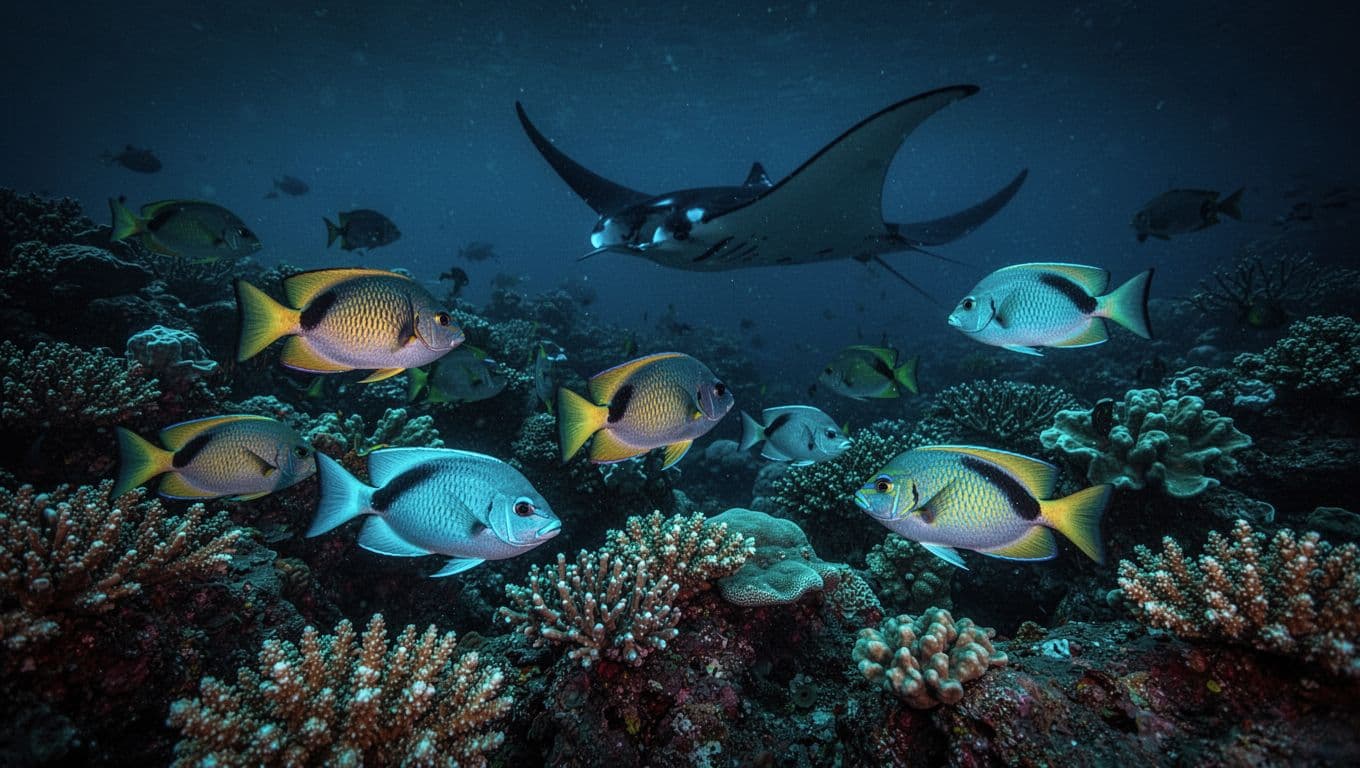 Colorful tropical fish and coral reef under blacklight glow at night in Kona waters, with manta ray silhouette in the background. Cinematic style with strong contrast, depth, and dramatic neon lighting accents.