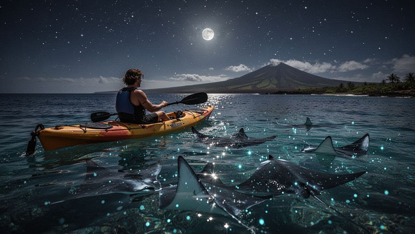 A lone paddler in a kayak watches manta rays beneath moonlit Kona waters.
