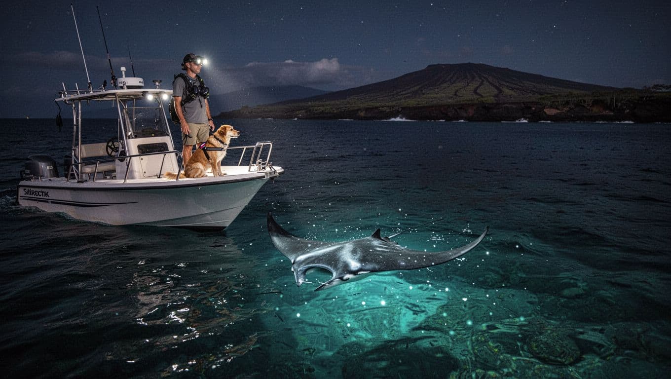 A traveler and service dog watch a manta ray from a small boat at night.