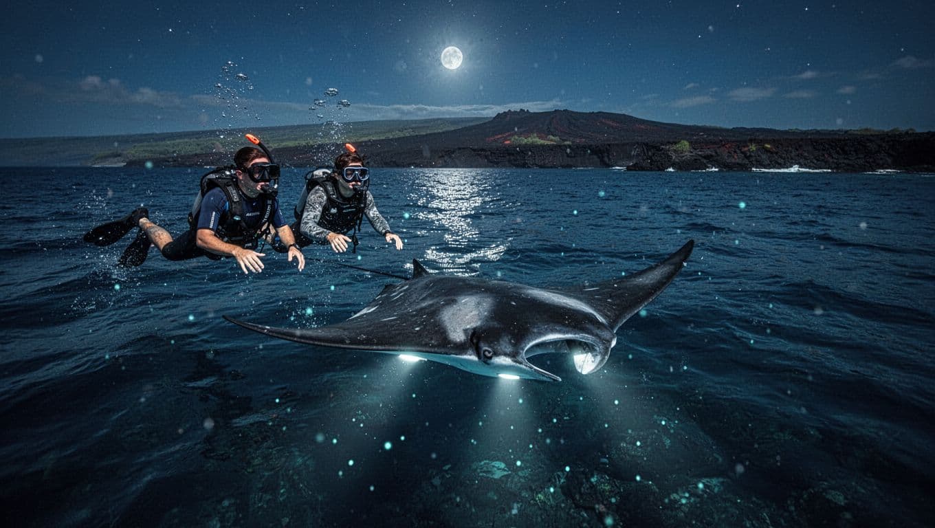 Two snorkelers watch a manta ray beneath calm, dark ocean water near Kona.