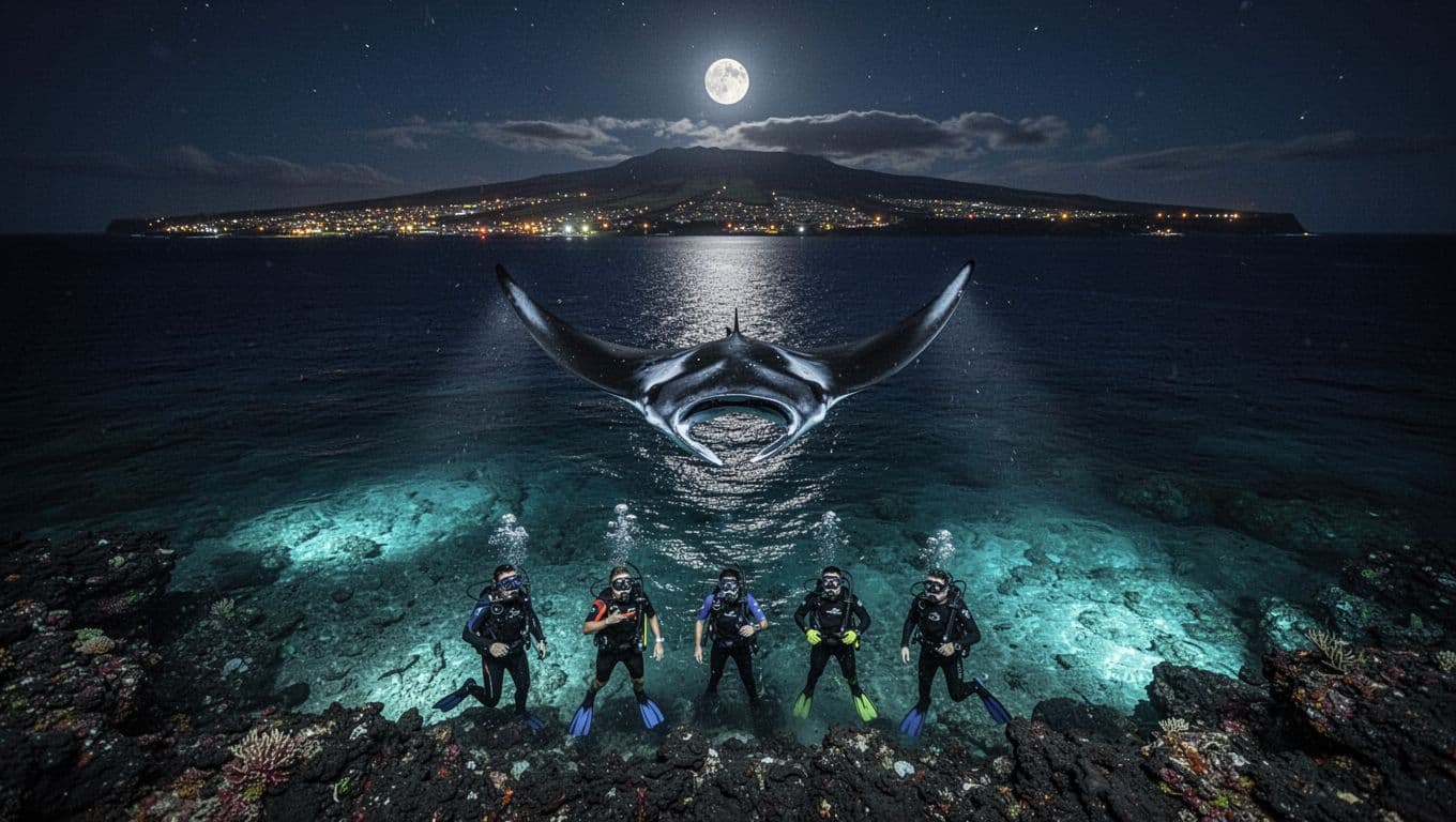 A manta ray glides above four snorkelers in dark, cyan-lit Kona waters.