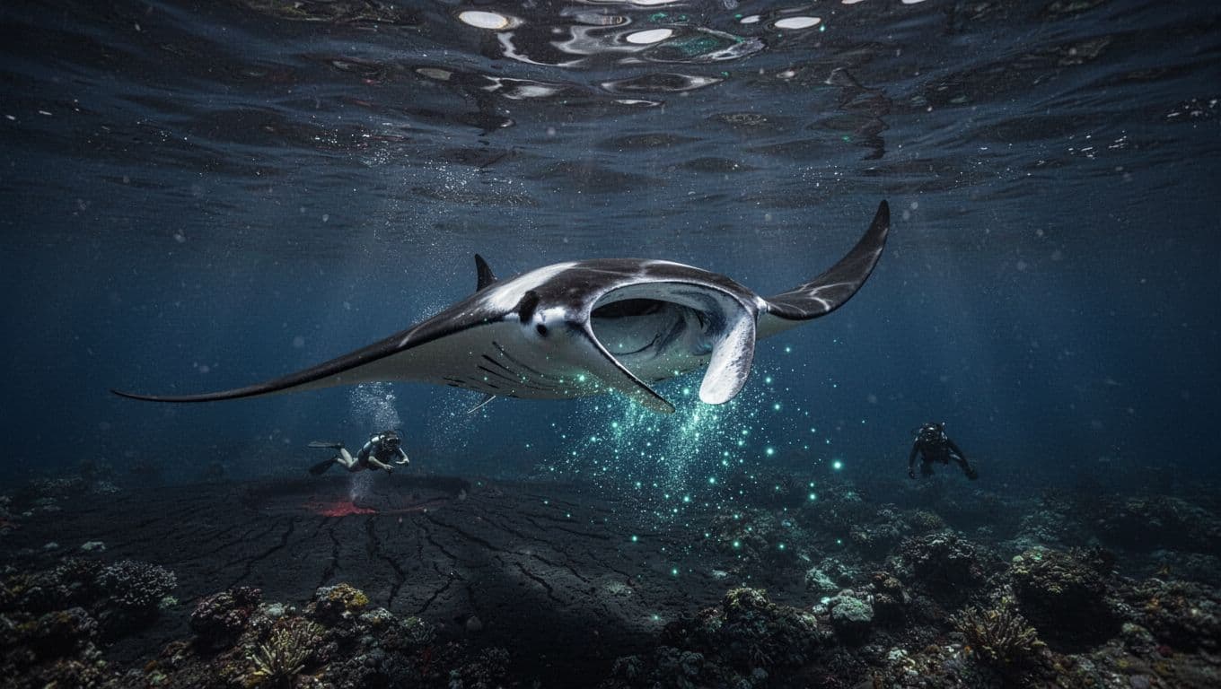 A manta ray filters glowing plankton near the surface as a distant snorkeler watches.