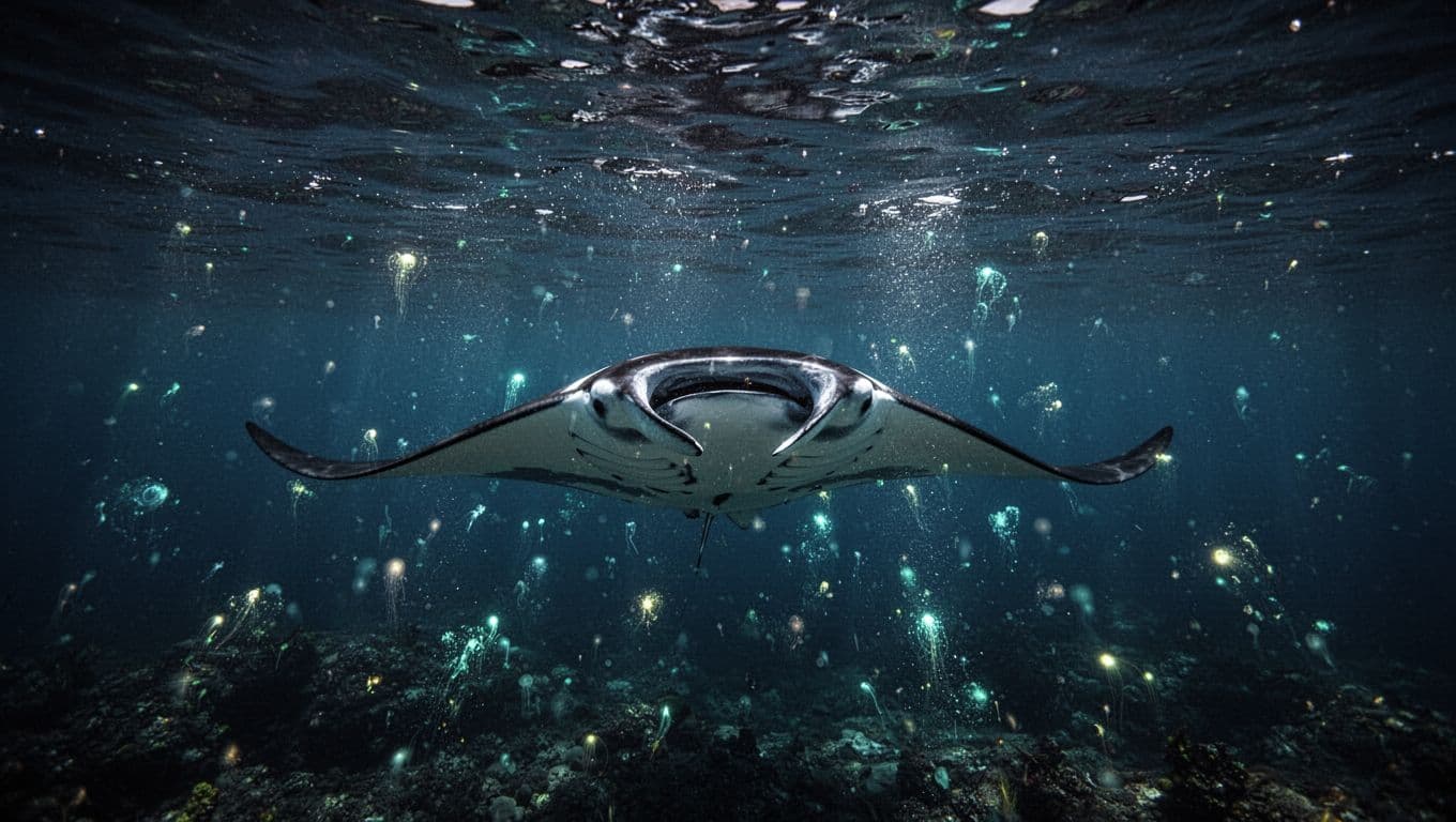 A manta ray glides through dark water beneath soft underwater lights.