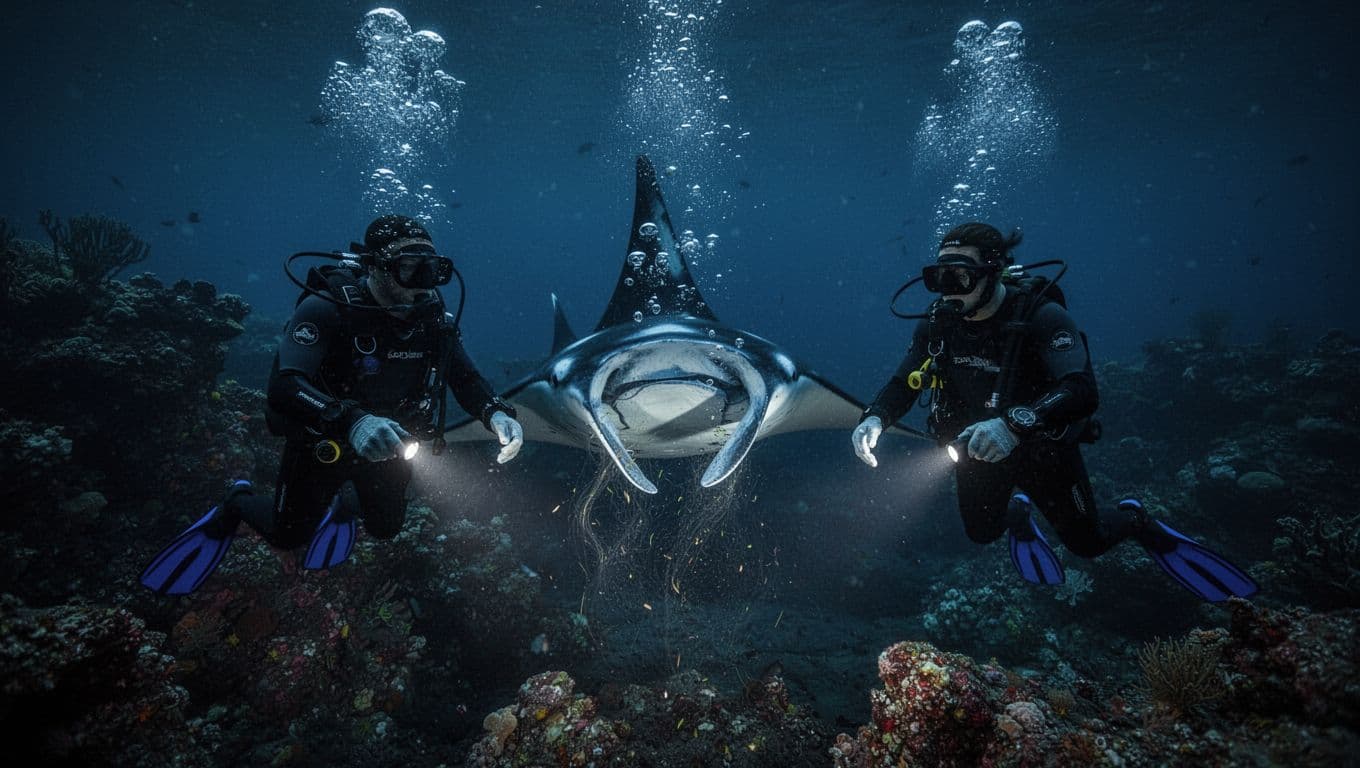 Two scuba divers descend through dark nighttime waters off the Kona coast to encounter large manta rays somersaulting and feeding on plankton, their silhouettes highlighted by dive lights amid reef structures and rising bubbles.