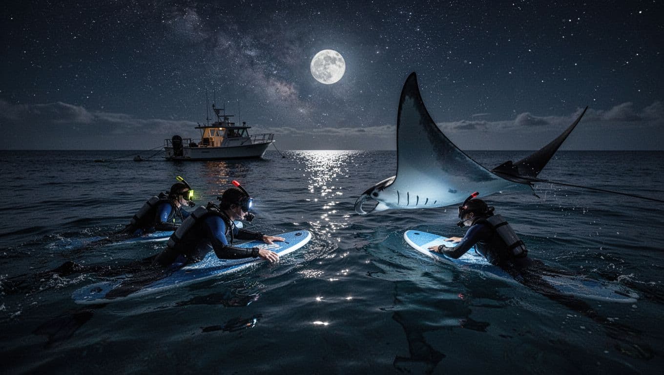 Two snorkelers light a gliding manta ray in calm Kona night waters under starry sky with anchored boat.