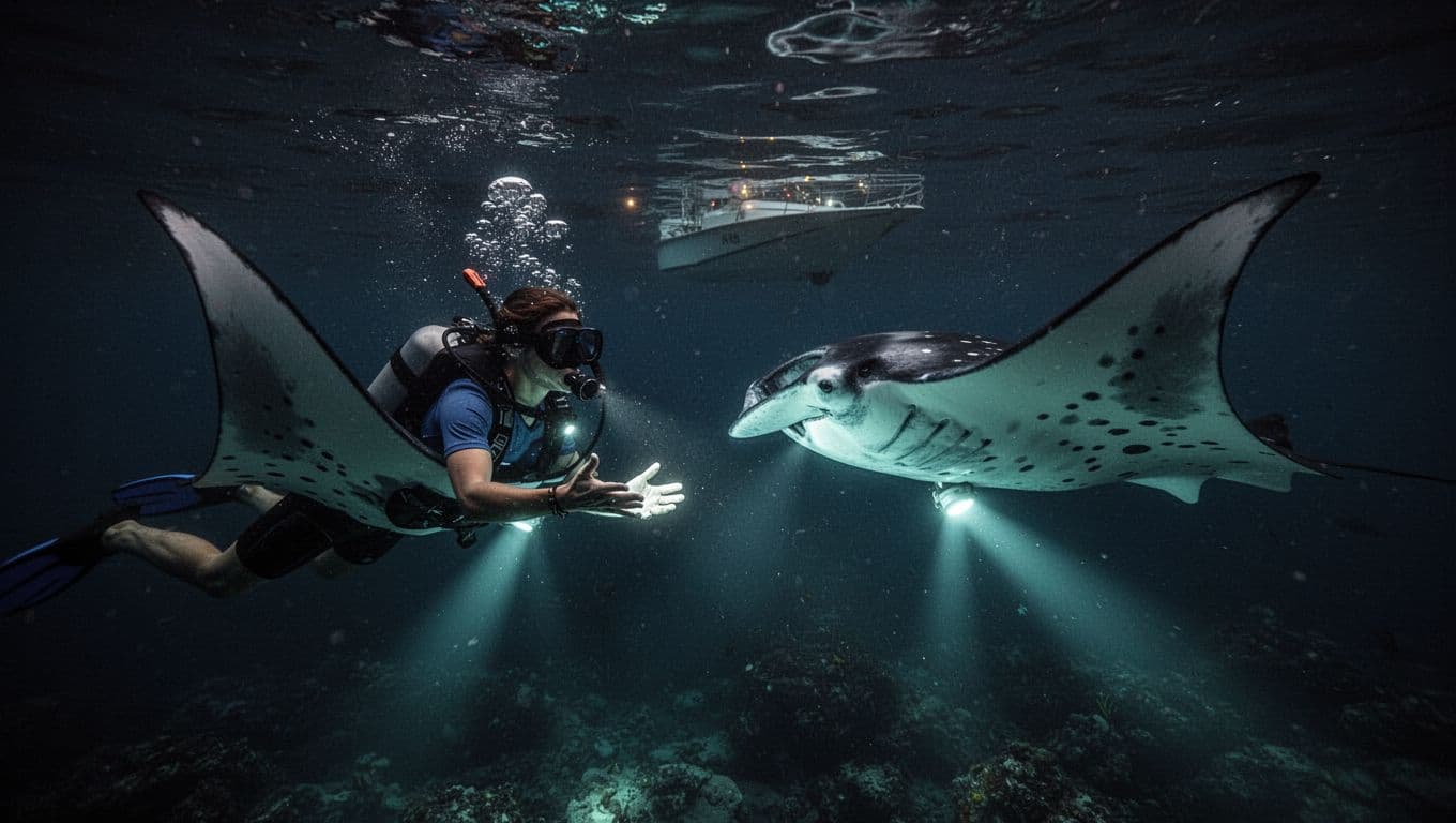 Snorkeler meets large manta ray in dark ocean, belly spots illuminated by lights, boat lights on surface.