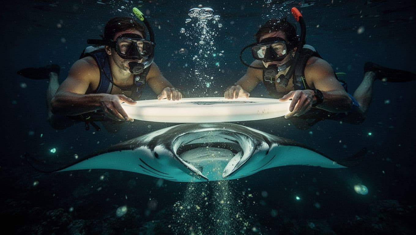 Two snorkelers hold lit floating board underwater at night as manta ray glides below feeding on plankton.