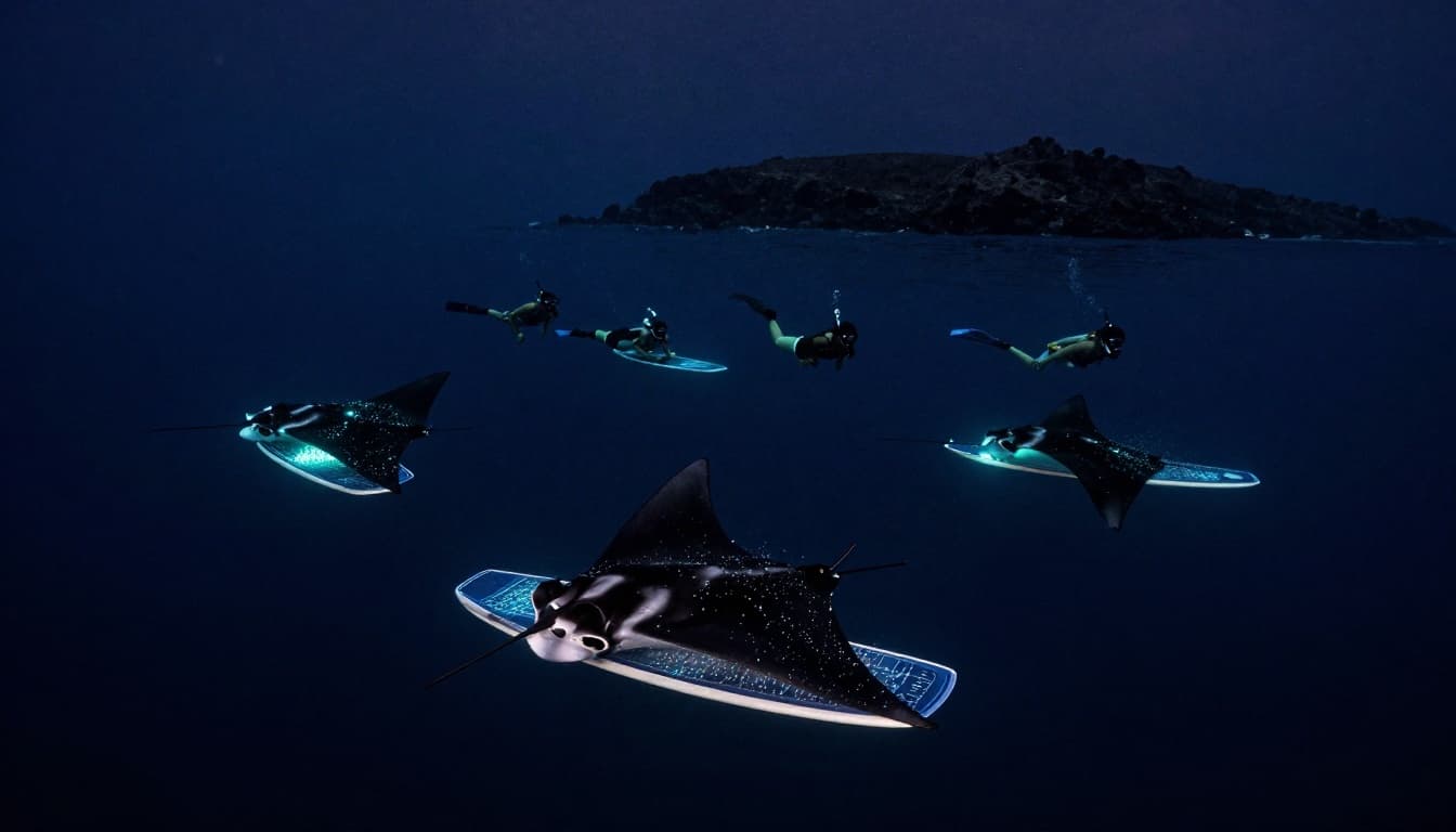 Three snorkelers glide with giant manta rays amid glowing bioluminescent plankton in calm night ocean waters.