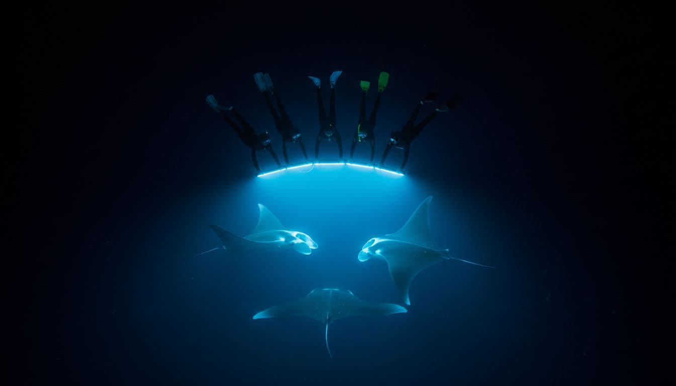 Five snorkelers float at night ocean surface holding lit board as two manta rays glide below.