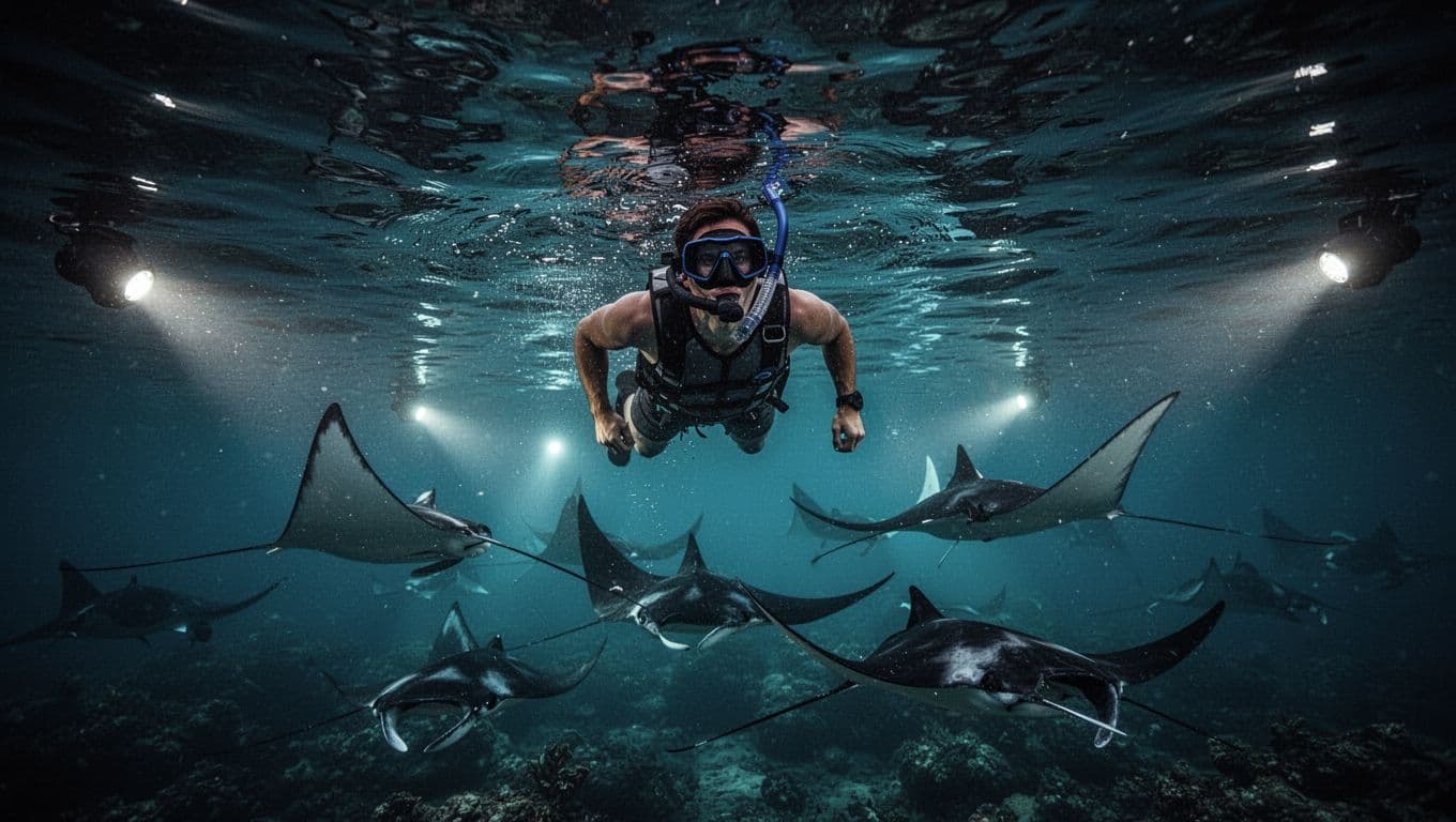 Snorkeler floats on night surface off Kona, looking down at manta rays gliding in illuminated blue waters.