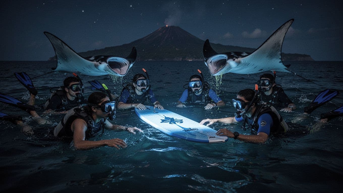 Snorkelers interact with gliding manta rays under lights from floating board in dark ocean near volcanic coast.