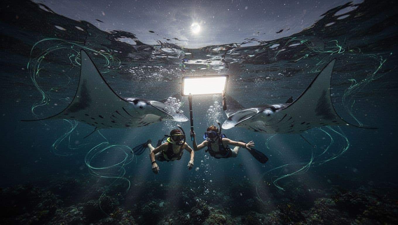 Two giant manta rays glide near ocean surface at night in clear Kona waters, illuminated by surface lights with two snorkelers floating horizontally holding lighted board.