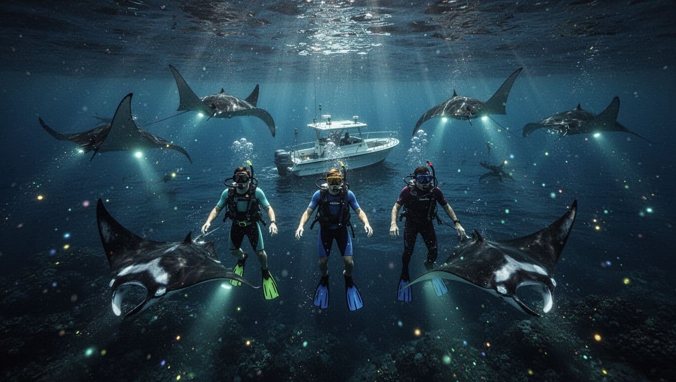 Nighttime boat snorkel scene off Kona coast with three snorkelers floating relaxed near a custom boat, underwater lights illuminating plankton and somersaulting manta rays in deep blue water, cinematic dramatic lighting.