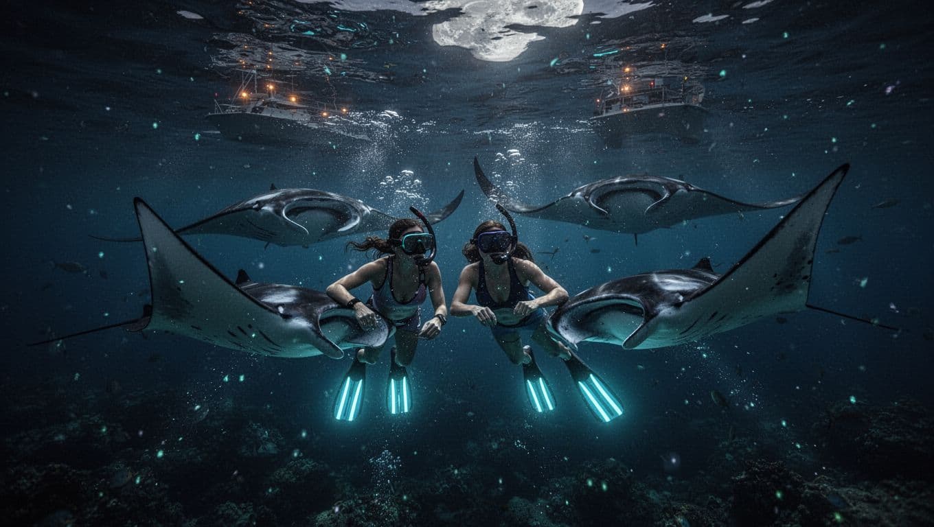 Two manta rays glide near snorkeling couple in bioluminescent Kona waters, lit by blue boards and boat lights above.