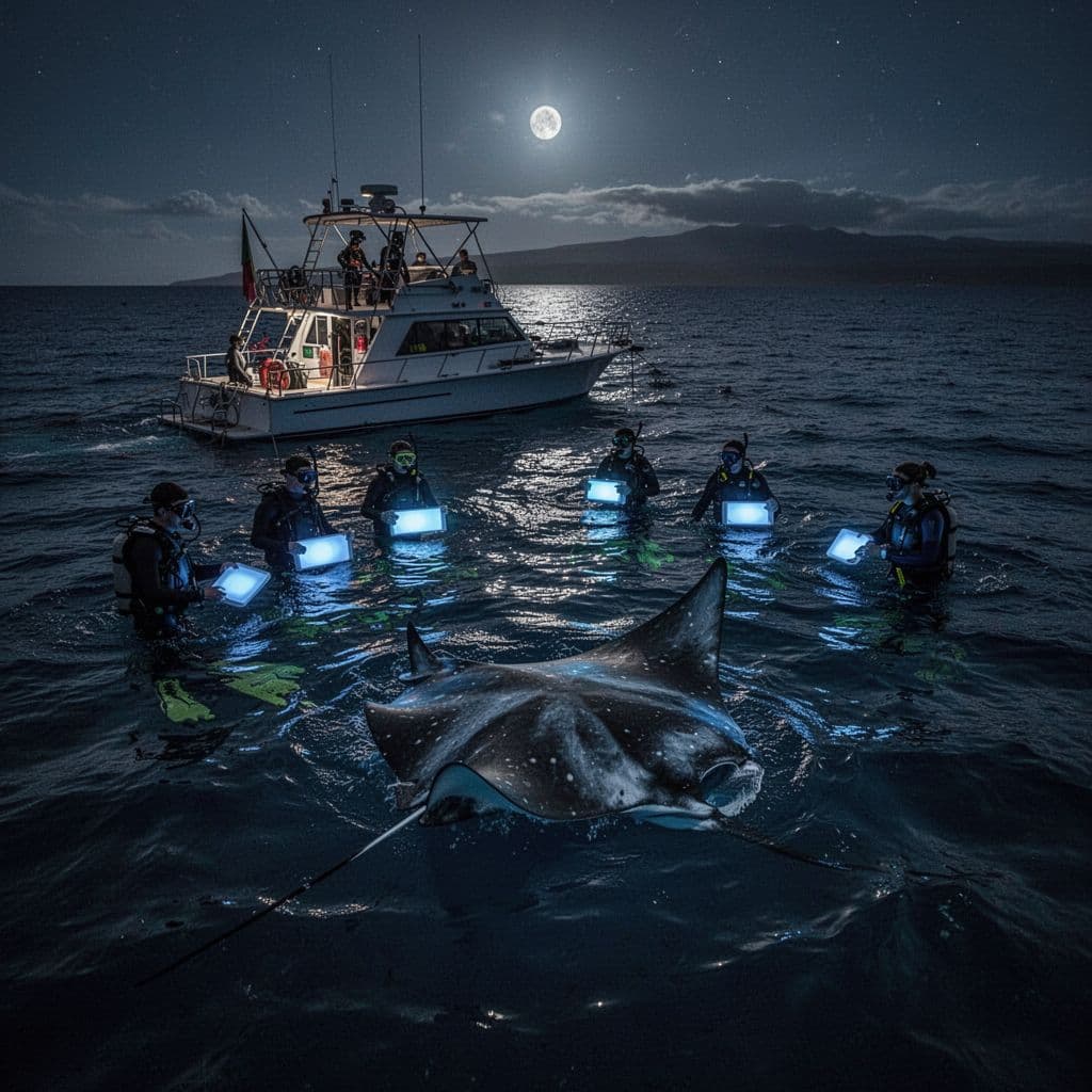 Snorkel boat anchored at night in Kona with snorkelers on lit boards above a swimming manta ray.
