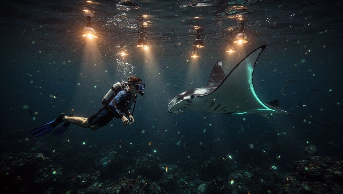 A snorkeler underwater at night encounters a large graceful manta ray gliding nearby, illuminated by bright lights from a floating board, in dark ocean depths with subtle plankton glow and cinematic dramatic lighting.
