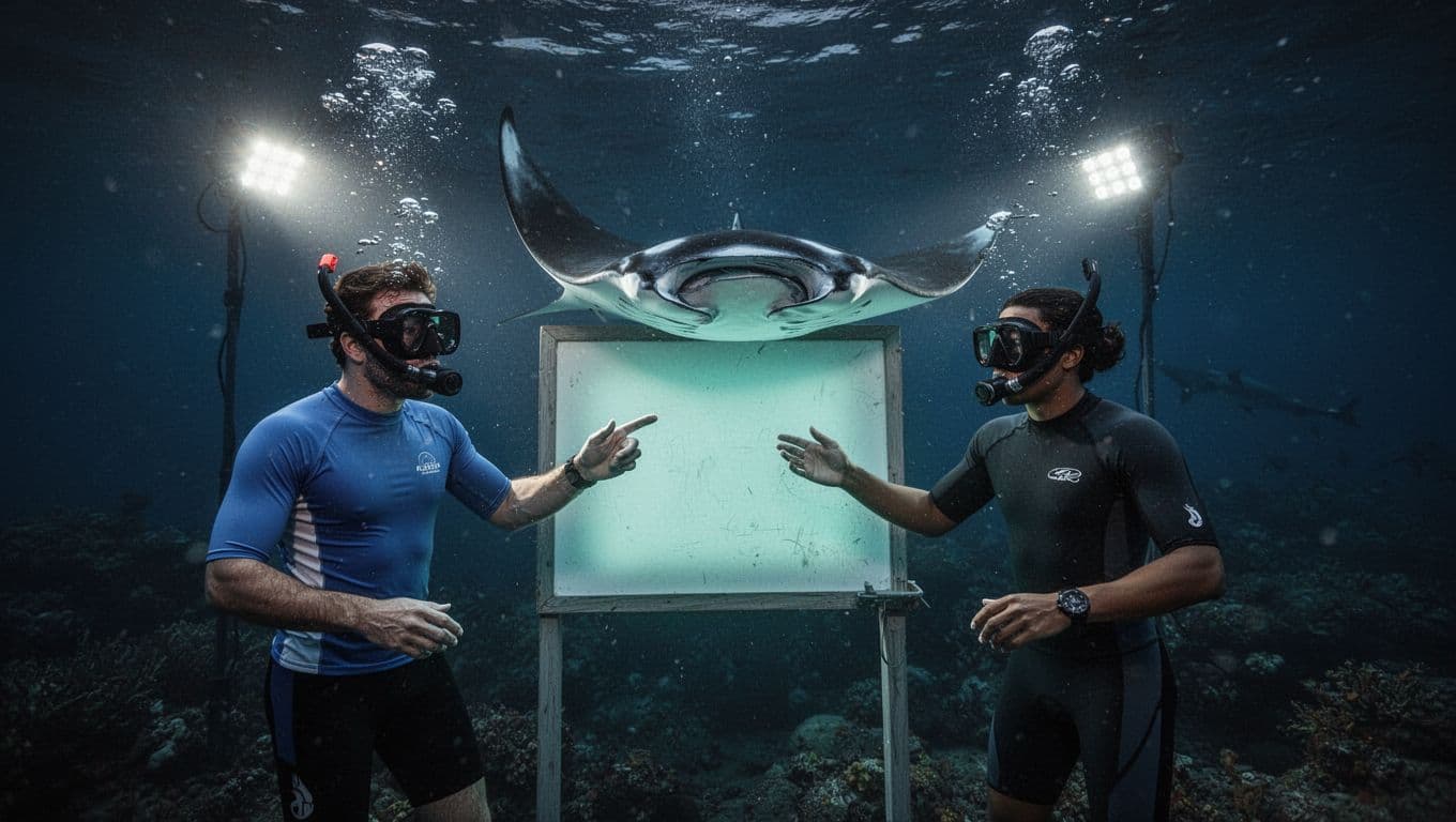 Manta ray glides near two snorkelers lit by underwater lights in dark Kona waters.