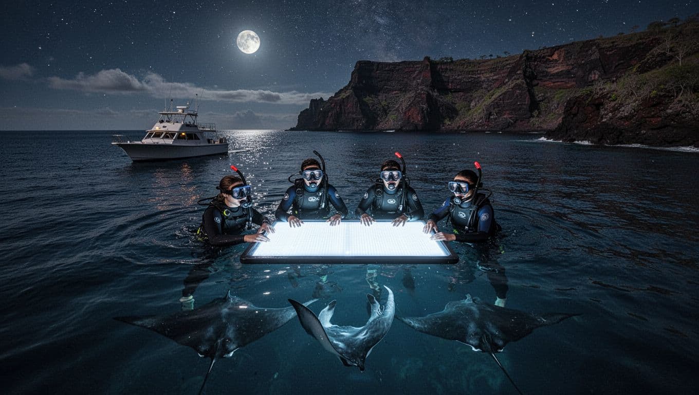 Small group of four snorkelers around a custom lightboard at night in calm Kona waters, with majestic manta rays somersaulting below attracted to the lights, boat anchored nearby amid dramatic volcanic cliffs under a starry sky.