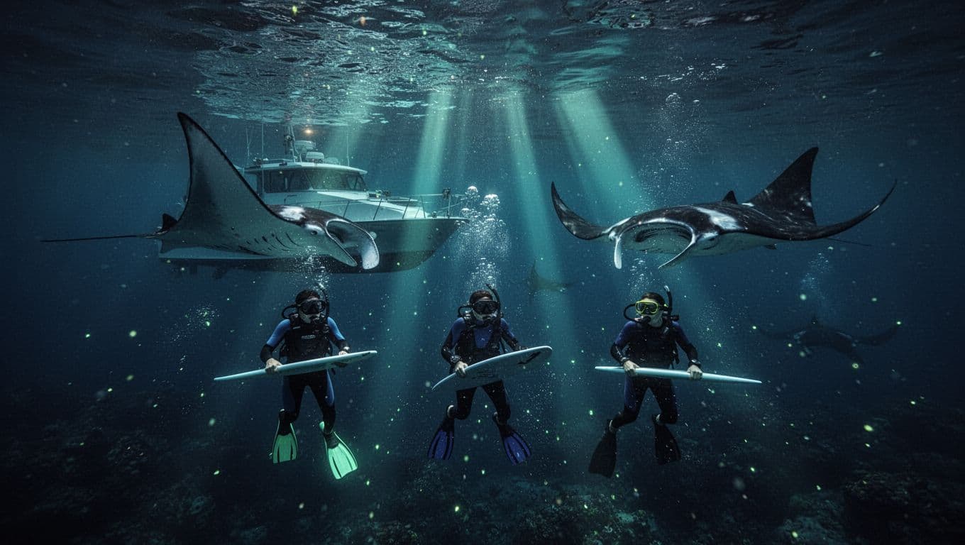 Three snorkelers holding boards witness large manta rays feeding near the surface in a pitch-black ocean, drawn by boat lights, with faintly glowing plankton and dramatic light beams piercing deep blue waters in cinematic style.