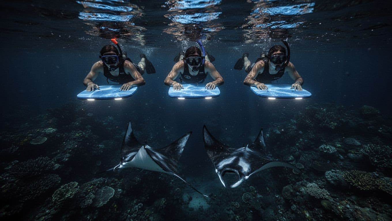 Three snorkelers float face-down at the dark ocean surface at night holding lighted boards that illuminate somersaulting manta rays below on the Kona reef, capturing a serene cinematic moment with dramatic blue glows.