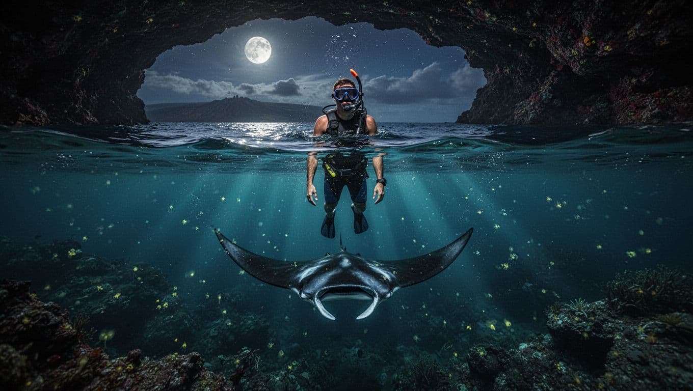 A snorkeler floats calmly at the ocean surface at night off Kona, Hawaii, observing a majestic manta ray gliding gracefully below in illuminated plankton-filled waters from a light board, emphasizing proper no-touch etiquette.