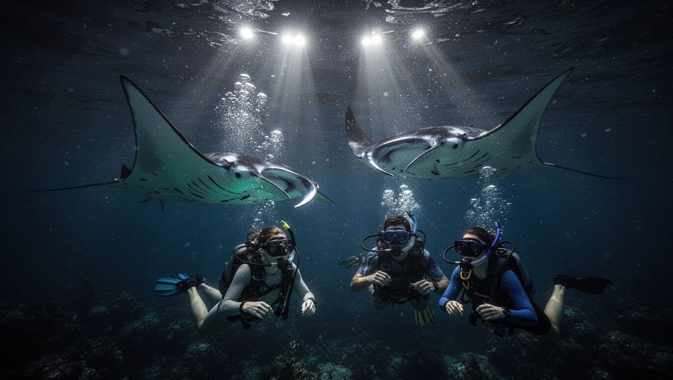 Graceful manta rays gliding through dark ocean waters illuminated by boat lights, with two snorkelers observing calmly nearby in cinematic underwater style.