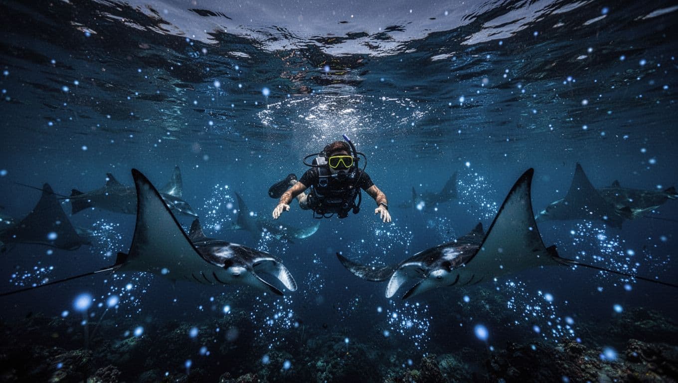 Snorkeler floats above gliding manta rays amid glowing bioluminescent plankton in nighttime Kona waters.