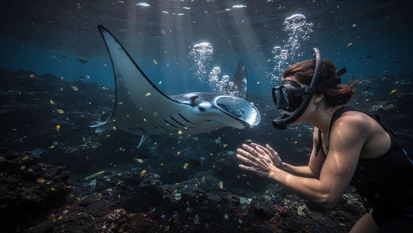 Serene underwater scene of a manta ray swimming close to a snorkeler's mask in volcanic Kona reef at night, with gentle bubbles, surface light rays, cinematic dramatic lighting, and blue accents on manta skin and plankton.